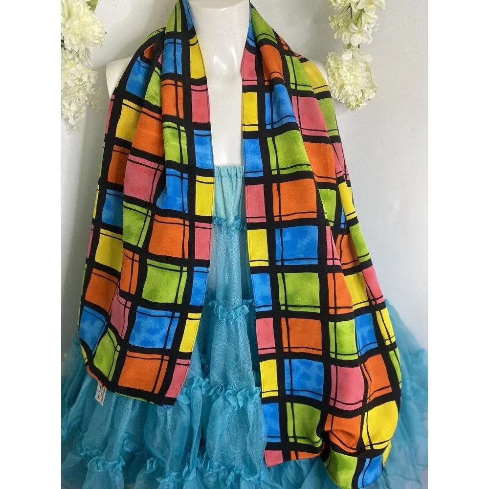 Vintage Travis Ayers Plaid Pattern 100% Silk‎ 12 x 54 Rectangle Scarf Mod Multi
